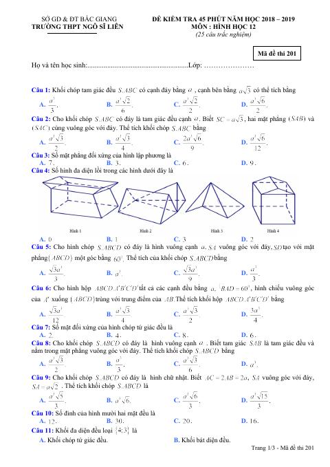 Đề kiểm tra 45 phút Hình học 12 chương 1 năm 2018 – 2019 trường Ngô Sĩ Liên – Bắc Giang (bản Word)